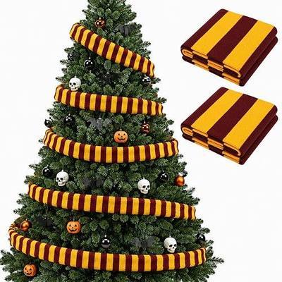 2 Pcs 10Ft Wizard Christmas Tree Scarf Garland for Home Party Decor | Red and Yellow Striped Knitted Christmas Tree Ribbon for Halloween Holiday Indoor Decoration