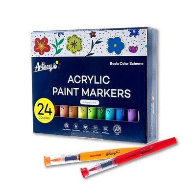 Artkey Acrylic Paint Markers 24 Colors, Direct-Liquid Acrylic Paint Pens with Automatic Ink Control, Flexible Brush Tip Acrylic Markers Set for Rock Painting, Wood, Canvas, Glass, Ceramic, DIY Crafts