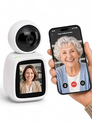 SYMYNELEC Elderly Monitoring Camera with Screen, One-Touch Video Calling | No Monthly Fee, 360° PTZ, 1080P Night Vision, 2.8 in Screen, 2-Way Audio, Motion Tracking, Sound Alert, Physical Privacy Mode