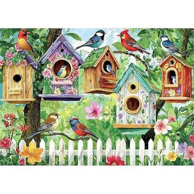 Birdhouse Puzzle for Adults 300 Piece, Colorful Bird Garden Scene Puzzle | Reference Poster Include, A-F Letters on Back, Perfect for Family Game Night Home Wall Decor, Great Gift for Adults Seniors