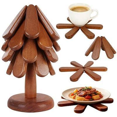 Wooden Trivets for Hot Dishes, Foldable Tree Shape Trivet Set | Heat Resistant Natural Tree Wooden Coasters for Hot Pots Pans, Home Decor, Kitchen, Coffee, Gift (4 Sapele Wood + 1 Stand)