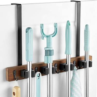 OUTNILI Over the Door Broom and Mop Holder, Wood Broom Organizer with 4 Slots and 4 Hooks, No Drilling Door Mount Tool Rack for Laundry Room, Garage, Closet, Kitchen, Rustic Cleaning Tool Storage
