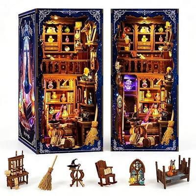 Book Nook Kit- DIY Miniature House Kit with LED Lights, 3D Wooden Puzzle Magic Potion Shop, Fantasy Wizard Alchemy Scene Bookshelf Insert Decor, Creative Handmade Gift