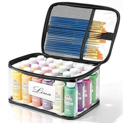 Vowcarol Acrylic Paint Bottles Storage Bag with Name Tag & Paint Brush Pocket, Portable Waterproof Acrylic Paint Organizer Case, 24 Bottles Capacity - 1 Pack