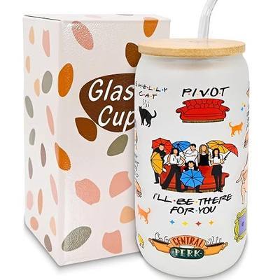 Friends Tv Show Gifts, 16 Oz Glass Cup with Lid and Straw, Friends Theme Merchandise, Decor Print Stuff Coffee Drinks Cup, Christmas Birthday Gifts for Women Girls