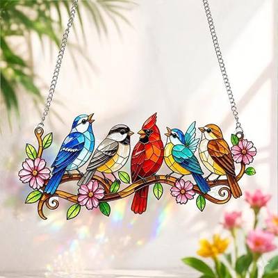 Stained Glass Window Hanging, Cardinal Bluebird Branch, 7.8 Inch | Real glass, birds on branch, sun catcher for indoor garden decor, bird lover gifts for women, mom, grandma who enjoy watching