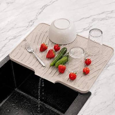Silicone Dish Drying Mat for Kitchen Counter - Large Dish Drying Pad with Built-in Drain Lip, Heat Resistant Sink Drying Mat for Dishes, Cups and Cookware, BPA Free Beige (15.8" x 13")