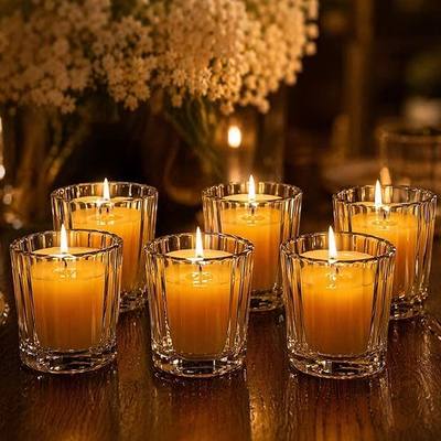 Natural Beeswax Tealight Candles, Pack of 6 Clear Glass Cups, 2.1oz 60g, | 18 Hour Long Burn for Wedding Party Home Relaxation
