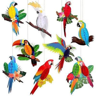 Tropical Birds Honeycomb, 9Pcs Paper Parrot Hanging Decorations Rainforest Bird Cutouts for Hawaiian Luau Summer Beach Party Décor
