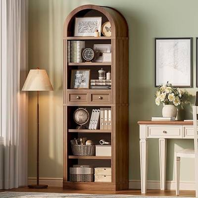 RALGEND Arched Bookshelf, 73" Tall Narrow Arch Bookcase with Drawer, 6-Tier Farmhouse Book Shelf, Wooden Bookshelf with Open Display Shelves for Living Room, Office, Adjustable Shelf, Walnut