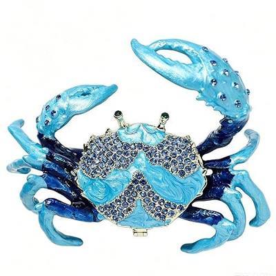 Blue Crab Jewelry Trinket Boxes Hinged Animal Jeweled Trinket Box Decorative Crab Collectible Painted Enamel Ocean Crab Trinket Box, Hinged Unique Mini Ring Necklace Jewelry Organizer