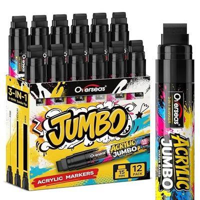 Overseas 12 Black Acrylic Poster Markers, Jumbo Permanent Graffiti Markers | 15mm Wide Tip Thick Paint Pens, Large Acrylic Paint Markers for Poster Board, Fabric, Sign, Glass, Rock, Wood, Banner, Metal