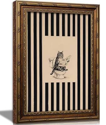 Funny Black and White Striped Cat Bathroom Wall Art Vintage Gold Framed | Funny Cat On Toilet Reading Newspaper, Black and White Striped, Animal Poster Print, Toilets And Restroom Wall Decor Picture
