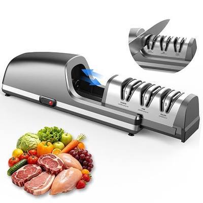 Electric Knife Sharpener with 3-Stage Diamond System, 15° Angle Guide, Detachable Sharpening Head & Suction Base, Kitchen Knife Sharpener for Chef Knives, Santoku Knives & Straight Edge Knives