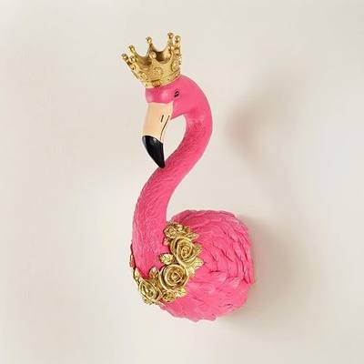 WOPARTY Flamingo Wall Decor, Resin Crown Flamingo Head Wall Sculpture with Gold Rose Accents, 13 x 5.9 Inch, Home Decor Gift (Pink)