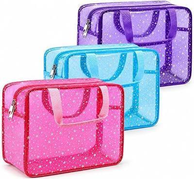 3 Pack Star Clear Makeup Bags, Large PVC Cosmetic Bag | Handle and Zipper, Cute Travel Toiletry Pouch, For Teen Girls, Women, Makeup, Skincare, Vacation and Dorm