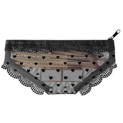 Mini Cosmetic Bag, Cute Lace Triangle Briefs Shape Mesh Makeup Bags Heart Print Storage Organizer Pouches with Zipper for Home Daily Travel to Keep Small Items (Black, 1Pc)