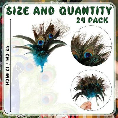 Suncalla 24 Pcs 11.8 Inch Christmas Tree Peacock Feather Pick Peacock Bird Feather Decorations for Christmas Tree Wreaths Vases Home Xmas Day Wedding Party Decor (Blue)