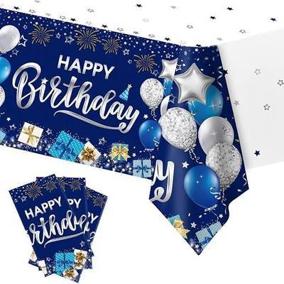 3 Pack Happy Birthday Tablecloths – Navy Blue & Silver Disposable Party Table Covers, 54 x 108 Inch Rectangle Plastic Tablecloths for Birthday, Baby Shower & Celebration Decorations