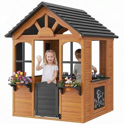 Aoxun Kids Outdoor Playhouse Wood Play House for Kids Ages 3-8 withPet Door | Backyard Cottage Playhouse with Play Kitchen,Snack Bar,Blackboards,Flowerpots,Children Toddler Playground Playset for Garden