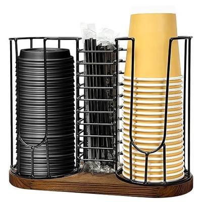 Coffee Cup Holder,18oz Cup and Lid Organizer, Cup Dispenser Rack with Wood Base, Suitable for Countertop Use, Kitchen, Coffee Bar,Storing Paper Cups, Straws, Lids, Tea Bags(3-Compartment)