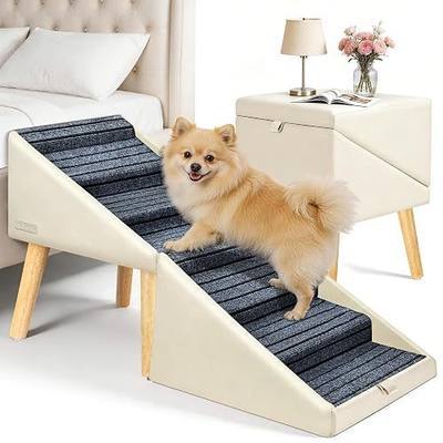 22.8" H Dog Stairs for High Bed, 6-Step Non-Slip Dog Ramp for Bed | Foldable 2-in-1 Pet Stairs & Ottoman, Upgraded Pet Steps for Puppies, Senior Dogs & Injured Pets, Solid Wood Frame (Beige)