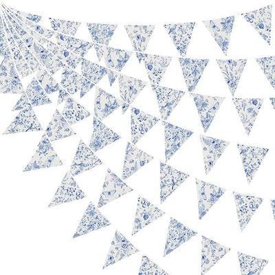 36Ft Blue Floral Party Decorations Blue White Flower Burlap Banner Triangle Pennant Flag Linen Garland Streamers for Vintage Floral Birthday Porcelain Bridal Shower Wedding Coastal Party Decorations