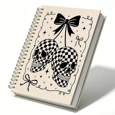 Cute Skull Girly Spiral Notebook, Gothic Journal for Women, Checkerboard Office Supplies, Skeleton Gifts for Girl, Aesthetic Hardcover Notebook for Work School College, 5.5x8.3 Inch