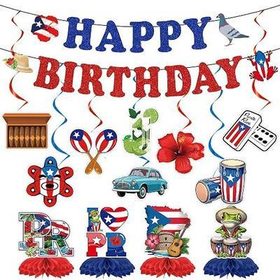 Puerto Rico Party Decorations, 14 Pcs Puerto Rican Themed Happy Birthday Banner, Hanging Swirls & Honeycomb for Boricua Birthday Party Supplies