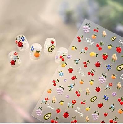 1 Sheet 5D Jelly Embossed Fruit Nail Stickers for Nail Art Strawberry Blueberries Lemon Cherry Nail Decals Self-Adhesive Summer Flower Ladybug Nail Stickers Grape Nail Design Supplies for Women