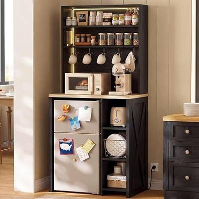 IRONCK Bakers Rack with Mini Fridge Space, 69.3" Microwave Stand, Black | 7-Tier Coffee Bar Station, Power Outlets, LED Lights, Space-Saving Utility Organizer