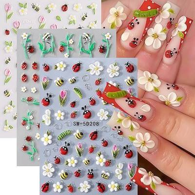 3 Sheets Summer Flower Nail Stickers 5D Embossed Self-Adhesive Cute Ladybug Nail Decals Bee Pink Tulips Leaf Nail Design Fruit Mini White Floral Petal Nail Supplies for Women DIY Manicure Decorations