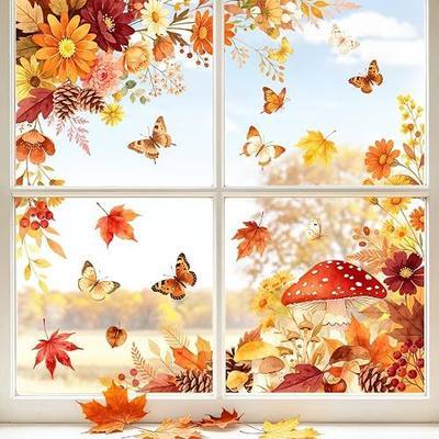 Fall Window Clings Autumn Floral Mushroom Butterfly Static Window Decals | Maple Leaf Pine Cone Berries Window Stickers for Thanksgiving Home Glass Door Classroom Party Decor