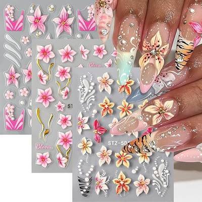 3Pcs Hibiscus Flower Nail Stickers 5D Embossed Summer Hawaiian Cute Floral Nail Decals Yellow Pink Tropical Ocean Petal Nail Supplies Vacation Manicure Decoration Accessories for Women DIY Nail Design