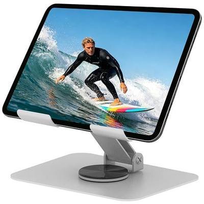 Larger Tablet Stand for iPad, 360° Rotation Adjustable Tablet Holder with Ultra Stable Metal Base, Office Desk Accessories Stand Fully Foldable for Travel Compatible with 4-16” Devices(Silvery)