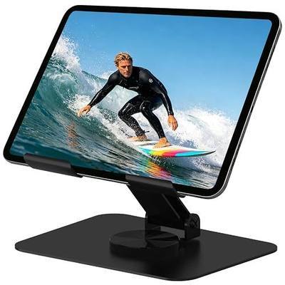 Larger Tablet Stand for iPad, 360° Rotation Adjustable Tablet Holder with Ultra Stable Metal Base, Office Desk Accessories Stand Fully Foldable for Travel Compatible with 4-16” Devices (Black)