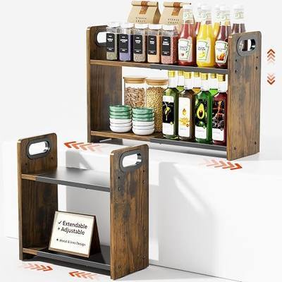 2-Tier Expandable Spice Rack Organizer for Countertop (10"-15.3"), Adjustable Height Seasoning Organizer for Counter Cabinet Pantry Coffee Station, Metal & Wood Kitchen Storage Shelf for Jars, Bottles
