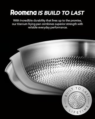 Roomena Titanium frying pan for cooking,12-Inch with Lid Bread Baking pan | PFAS/PFOA/PTFE-Free,Non-Toxic Pure Hammered Titanium Pro Pan,All Cooktop Compatible,Dishwasher & Oven Safe