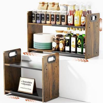 2-Tier Expandable Spice Rack Organizer for Countertop,15.2"-21.5" | Metal & Wood ,Adjustable Height Spice Racks Shelf for Counter Cabinet Coffee Station, Space-saving Kitchen Storage Shelves