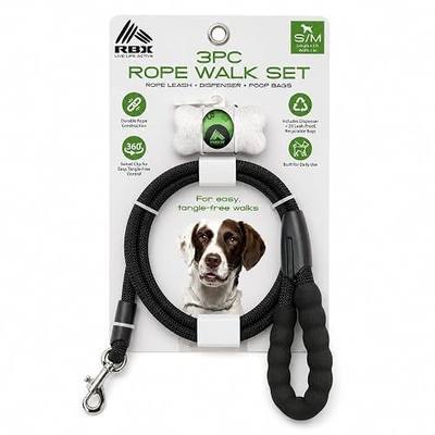 RBX Rope Dog Leash Set, 5 ft Padded Handle Leash for Small/Medium Dogs with 360° Swivel Clip, Poop Bag Dispenser, 20 Waste Bags, Durable Walking Lead for Daily Use