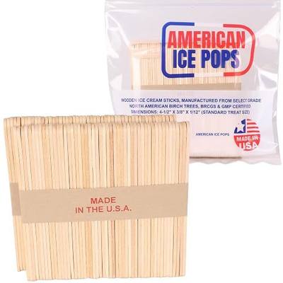 Food Grade Popsicle Sticks Bulk Pack 100, 250, 500, 1000 Count by American Ice Pops Wood Ice Cream Sticks for Treats Small Wooden Sticks Natural Brown Palitos para Paletas 4.5 Inch Made in USA (100)