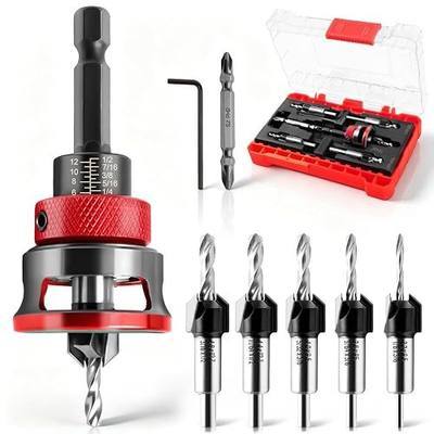 9 Pieces Countersink Drill Bit Set, 5 Sizes Two-Flute Tapered HSS Drill Bits with Adjustable Depth Stop Collar and Wrench, Woodworking Tools for Screw Pilot Holes in Softwood Hardwood MDF