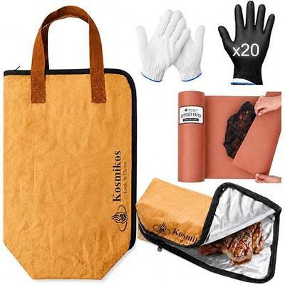 BBQ Blanket for Resting Meat Kit, 21.5 x 15 x 6 Inch Insulated Meat Resting Bag with 15 in x 33 ft Butcher Paper Roll, Cotton Glove & 20 Nitrile Gloves, Brisket Smoker Accessories