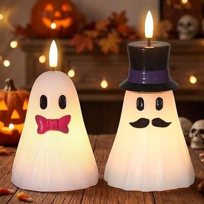 Halloween Flameless Ghost Candles Spooky Ghost Decor, 2PCS | Halloween Decor Indoor, Halloween Decorations, Real Wax, Hand Painted, Battery Operated, 6H Timer, Halloween Candles