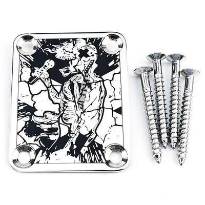 Engraved 4-Bolt Electric Guitar Neck Plate for Strat/Tele, Chrome | Stainless Steel Square Neck Joint Plate with Screws, Electric Guitar Bass Repair DIY Upgrade Replacement Part