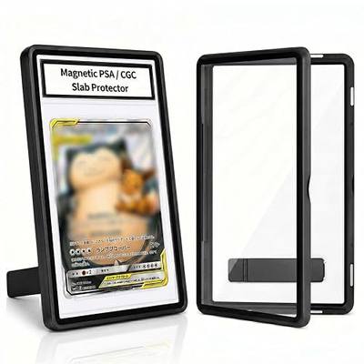 Magnetic PSA/CGC Slab Protector with Foldable Kickstand - UV Protection Tempered Glass & Aluminum Metal Bumper for 35PT PSA CGC CSG AGS, 9-Point Secure Lock Display Guard & Clear View (Black)