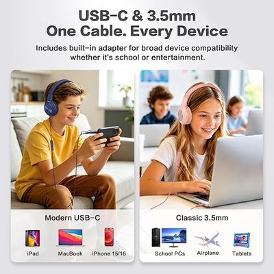 SIMOLIO USB C Wired Kids Headphones, Built-in Microphone & Share Port | USB C to 3. 5mm Dongle, 3-Level Volume Limiter, Over-Ear Headsets w/Pouch, Foldable for Airplane Travel School iPad