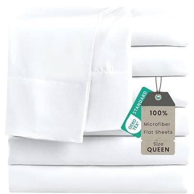 ROSE&RISY 6-Pack Queen White Flat Sheets, Bulk Ultra Soft Microfiber Bedding, Cooling & Breathable Top Flat Sheet, Fade & Shrink Resistant & Easy Care Hotel Quality (White, Queen Size)