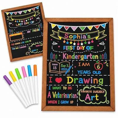 First Day of School and Last Day of School Board, 10 x 12 Inch Double Sided Chalkboard Style Photo Prop with 6 Dry Erase Color Markers, Grade Year Memory Sign