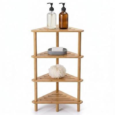 4-Tier Bamboo Free Standing Corner Shower Caddy, Bamboo Wood Bathroom Shower Shelf Table for Inside Shower Organizer & Storage Foot Rest Shower Stool